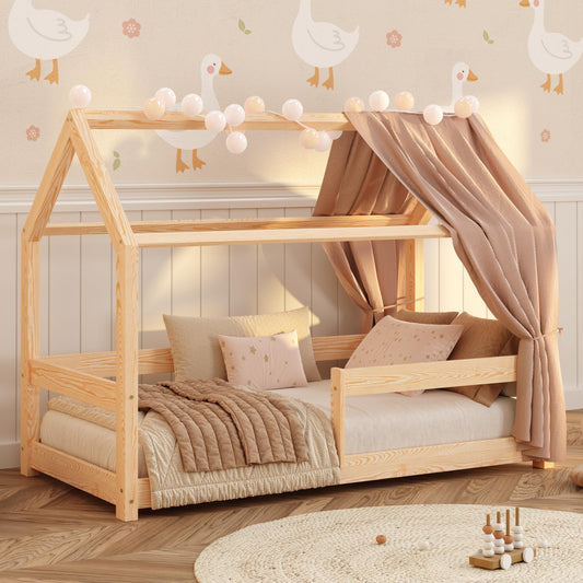 smartwood Hausbett 90x200 cm aus Massivholz - Kinderbett mit Rausfallschutz & Lattenrost bis 230 kg - Skandinavisches Design - für Jungen & Mädchen - Einfache Montage